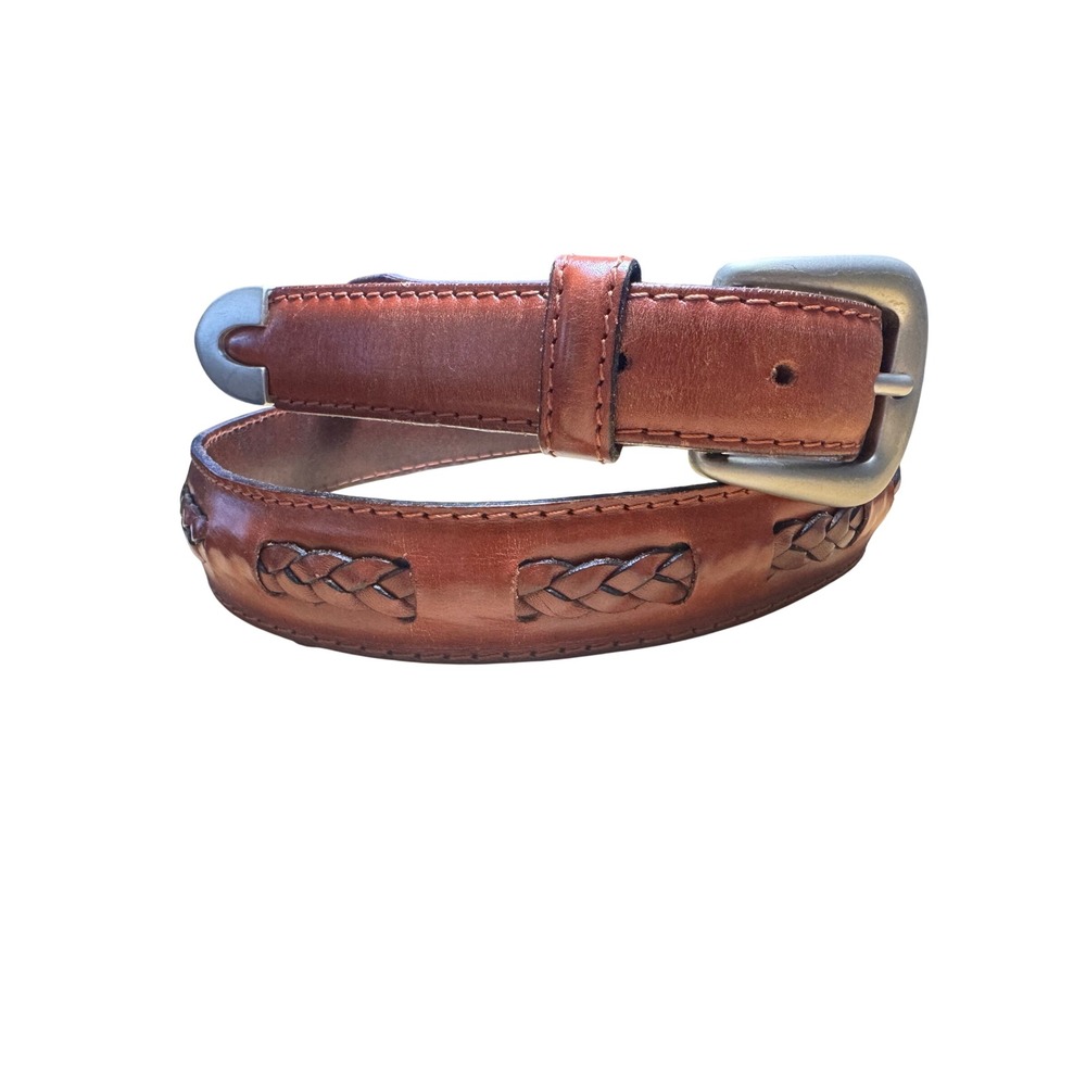 Mens Cognac Brown Full Grain Leather Braided Inlay Belt Florsheim Turkey 36
VTG